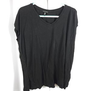 Eileen Fisher Womens Large Black V-Neck Tencel Spandex Cap Sleeve Blouse Top